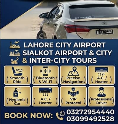 "Premium Corolla GLi for Lahore & Sialkot Airport Drop / City Rides".