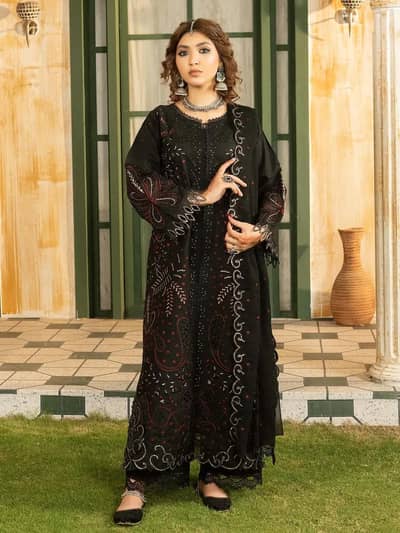 Lehran-U4B womens stitched embroidered lawn suit - 3pcs in black