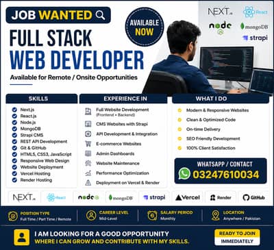 Full Stack Web Developer Available | Next. js | React. js | Node. js | M