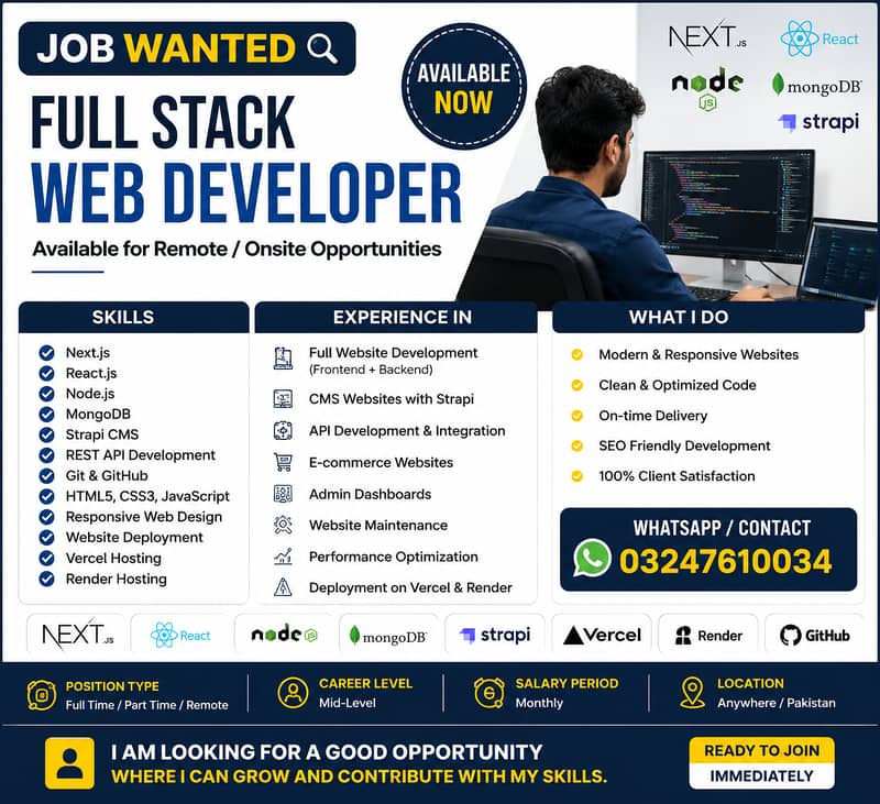 Full Stack Web Developer Available | Next. js | React. js | Node. js | M 0