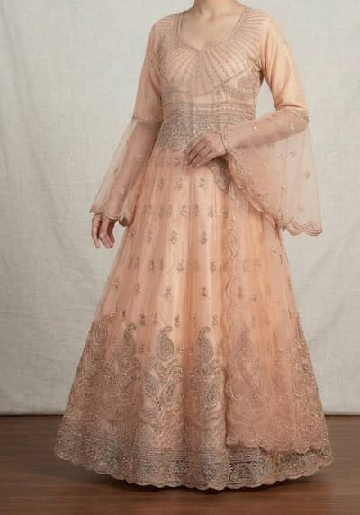Fancy 3 Piece Heavy Embroidered Peach Maxi