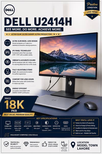 Dell U2414H 24" UltraSharp IPS Monitor – Ultra Slim Bezel-less