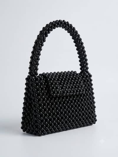 Handmade Beaded Top-Handle Bag – Black Pearl Clutch