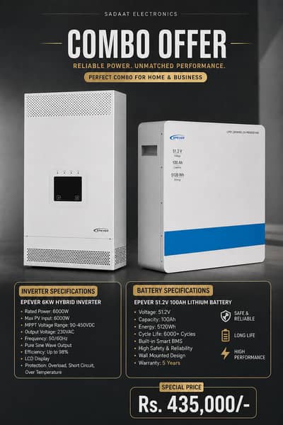 EPEVER 6KW Hybrid Inverter + 51.2V 100Ah Lithium Battery Combo