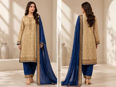 Elegant Beige & Royal Blue Embroidered