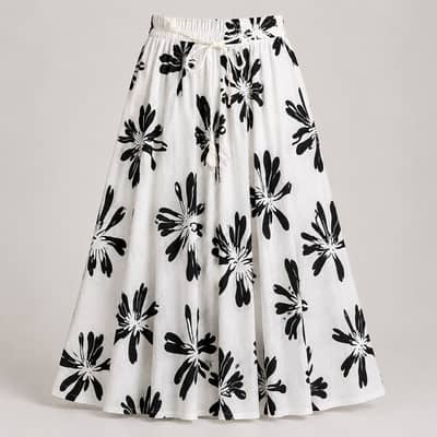 White and Black Floral A-Line Skirt Women – High Waist Flowy Skirt