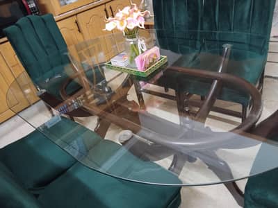Glass Top pure wood dining table with 6 chairs