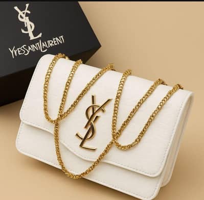 White Ysl Logo CroseBody Bag With Gold Chain Strap