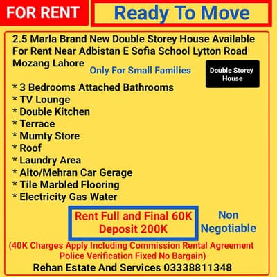 2.5 Marla Brand New Double Storey House For Rent Near Qartaba Chowk