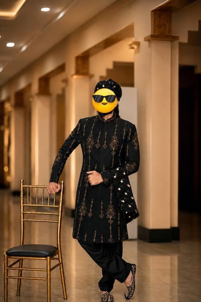 Premium Black & Gold Sherwani for Sale – One Time Used