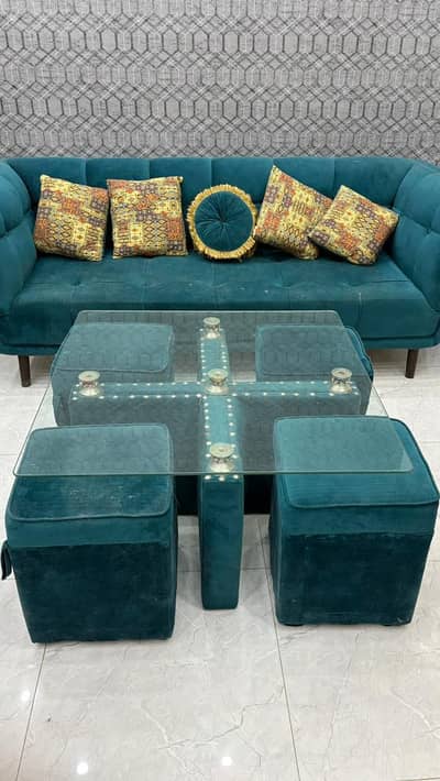Velvet Sea Green 5 Seater Sofa , Cusion’s with Table