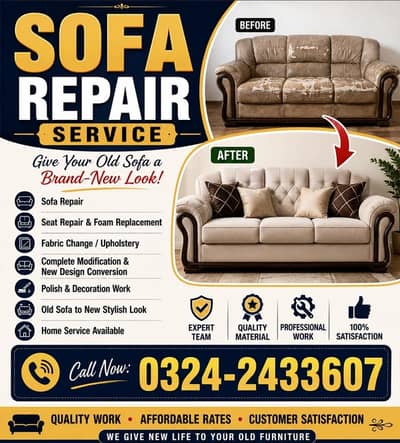 sofa repair, seat repair furniture polish, refabrication/upholstery