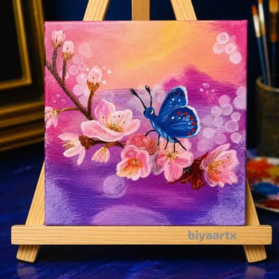 Handmade Acrylic Butterfly & Cherry Blossom Painting | Canvas Wall Art