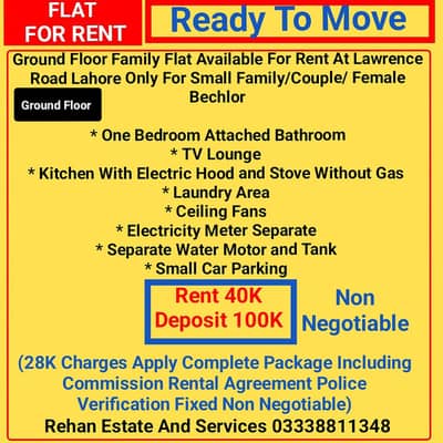 Ground Floor Family Flat For Rent At Lawrence Road Lahore