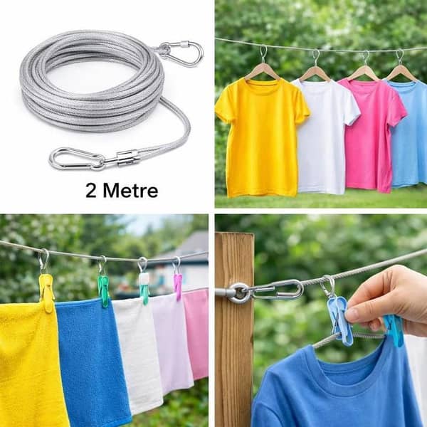 Strong stainless steel clothesline rope (2 metre) with hooks, perfect for hanging clothes indoors or outdoorsct