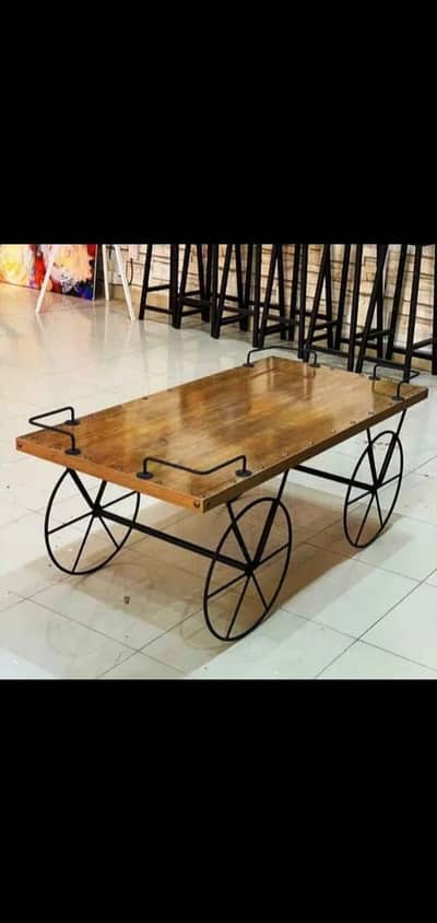 Luxury Industrial Coffee Table – Black Marble Finish Cart Design