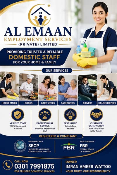 House Maid, Babysitter, Patient Care, Nursing Staff, Drivers, Cook