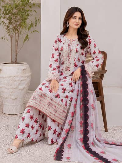 Butterfly Embroidery Stitched Lawn 3PC Suit - Premium*