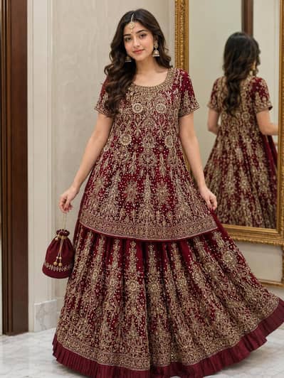 Maroon Heavy Bridal Lehenga with Hand Embroidery – Excellent Condition