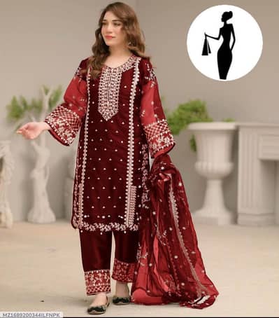 Womens 3 piece embroidered suit Maroon organza malai