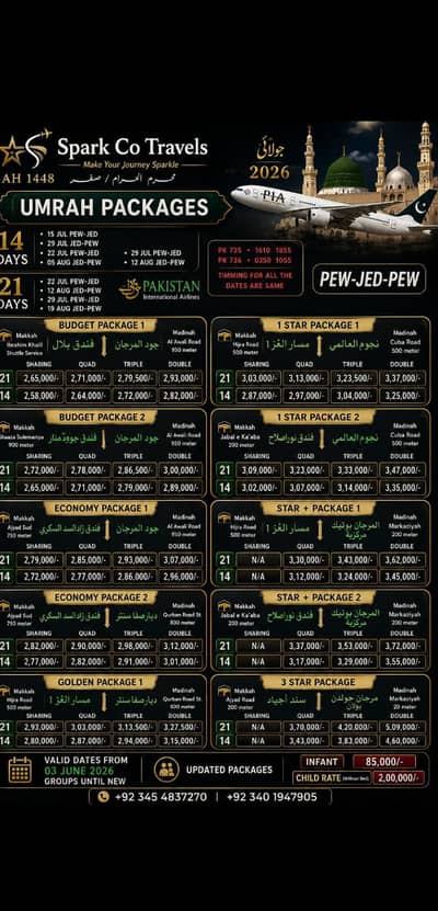 UMRAH Packages 2026 (14 & 21 days ) PIA Direct flights - Spark Co