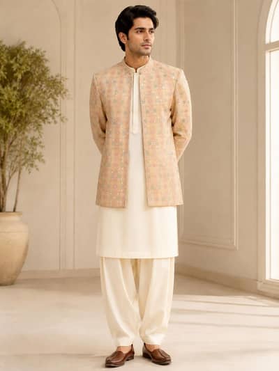 "Pale Peach Men's Ethnic Coat, Silk, Brand New
