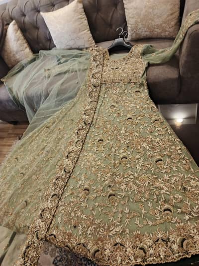 Luxury sage green bridal maxi- heavy hand embroidered formal dress