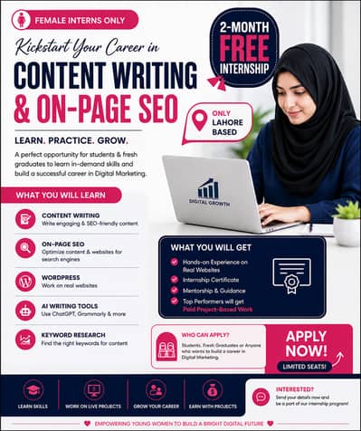 SEO Content Writing & AI Internship Program (Female Only – Lahore)
