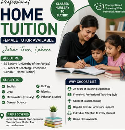 Female Home Tutor Available in Johar Town | Nursery to Matric