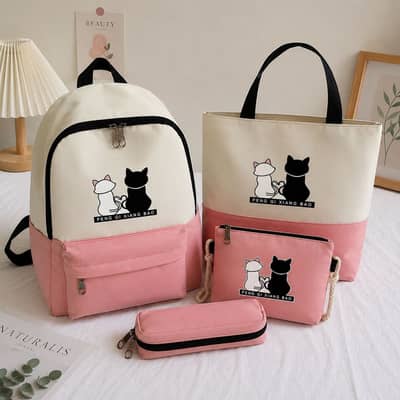 Cat Print 4 Piece Backpack Set | School & College Bag Set | Imported