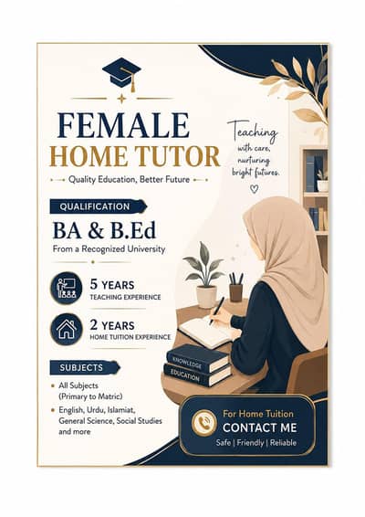 Female BA B. Ed Home Tutor Class 1-8 Johar Town Phase 1