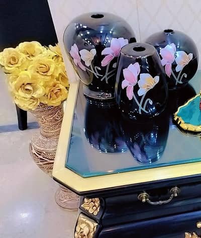 Beautiful Glossy Black Vase Set (3) with Floral Art hand painted