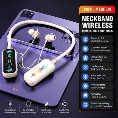 Wireless Bluetooth neckband headphones with mic for singing RGB Lights