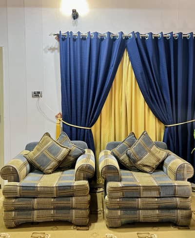 5-Seater Blue & Grey Fabric Sofa – Well Maintained