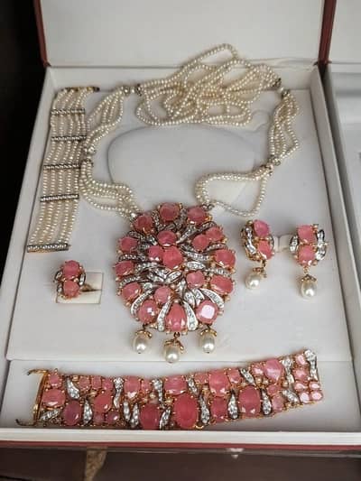 Original 925 Pure Silver Nauratten Brand Pink Stone & Pearl Set
