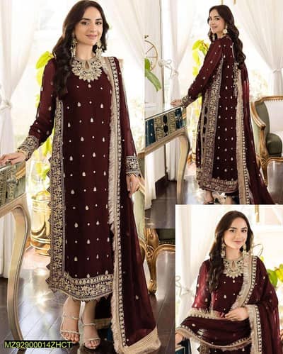 Maroon Embroided 3Pcs Crinkle Chiffon Suit Medium to XL