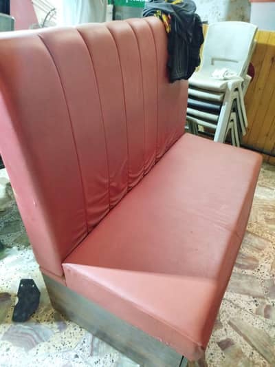 Restaurants dining leather sofa with white artificial marble tables