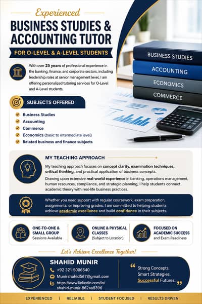 Experienced Business Studies & Accounting Tutor O-Level and A-Level