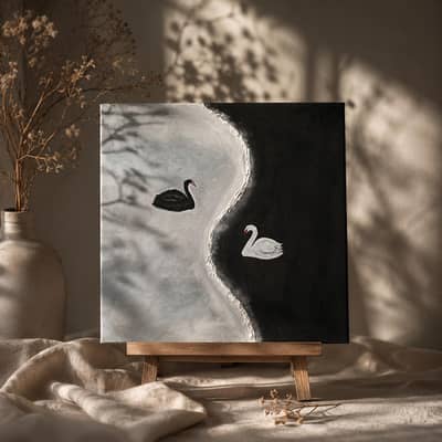 Handmade minimalist black and white swans canvas painting|12×12 inches