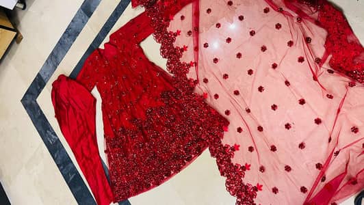New Red Organza Embroidered frock