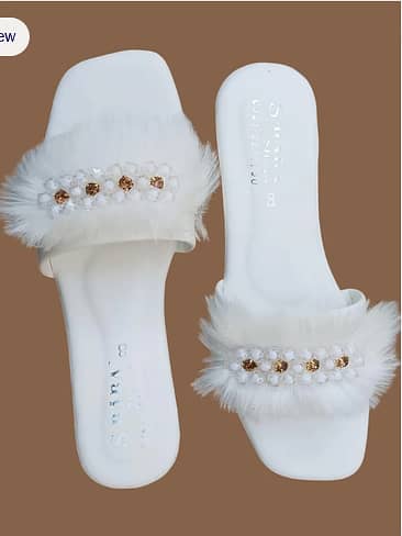White Fluffy Slippers with Crystal Embellishments for Women