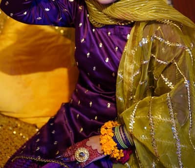 Fancy Purple shirt and sharara with apple green dupatta and hijaab