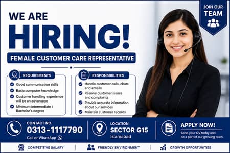 Customer Care Representative Required (Female)