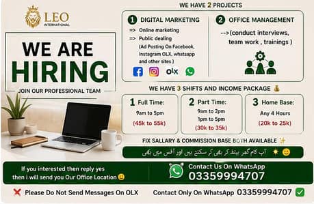 OFFICE WORK AND PART TIME WORK AVAILABLE FOR MALES AND FEMALES