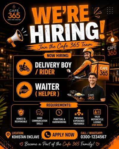 Delivery Rider And Waiter Required