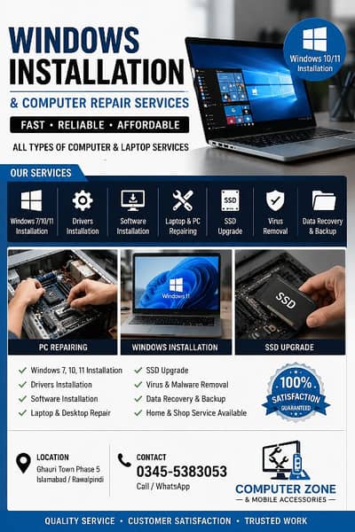 Windows 10 & 11 Installation Service Laptop & Computer Repairing