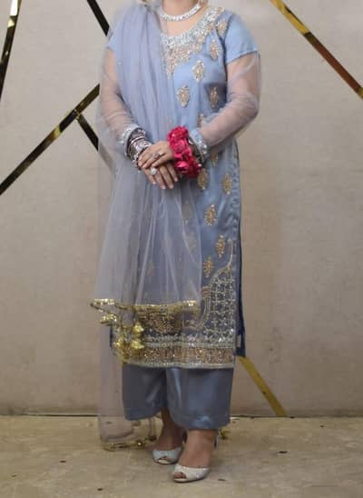 Elegant Grey Fancy Dress with Net Dupatta