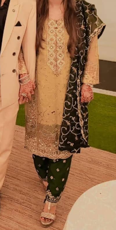 Elegant Beige & Dark Green Fancy Suit – Heavy Embroidery