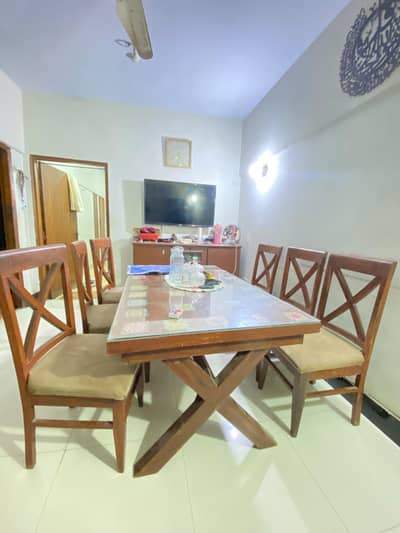 6-Seater Wooden Dining Table with Glass Top + 6 Chairs
