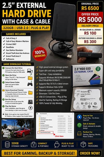 320GB External Hard Drive with Games GTA V, Pakistan cars and full mod